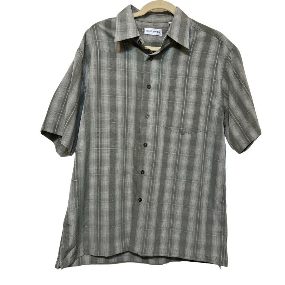 Michael Brandon Mens Shirt Short Sleeve Button Up Green Plaid Size Large 16.5